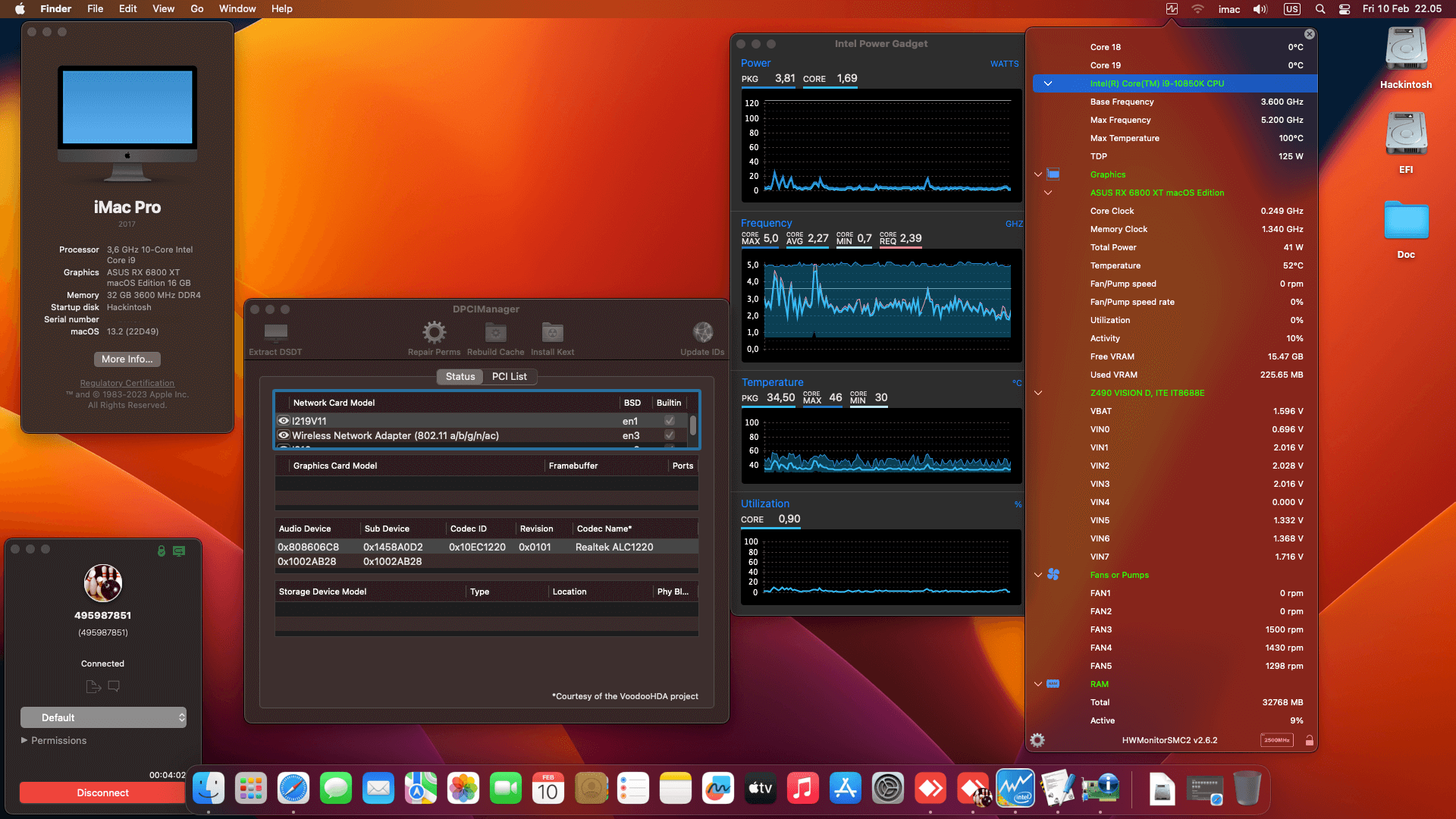 Success Hackintosh macOS Ventura 13.2 Build 22D49 in Gigabyte Z490 Vision D + Intel Core i9 10850K + Asus RX 6800 XT